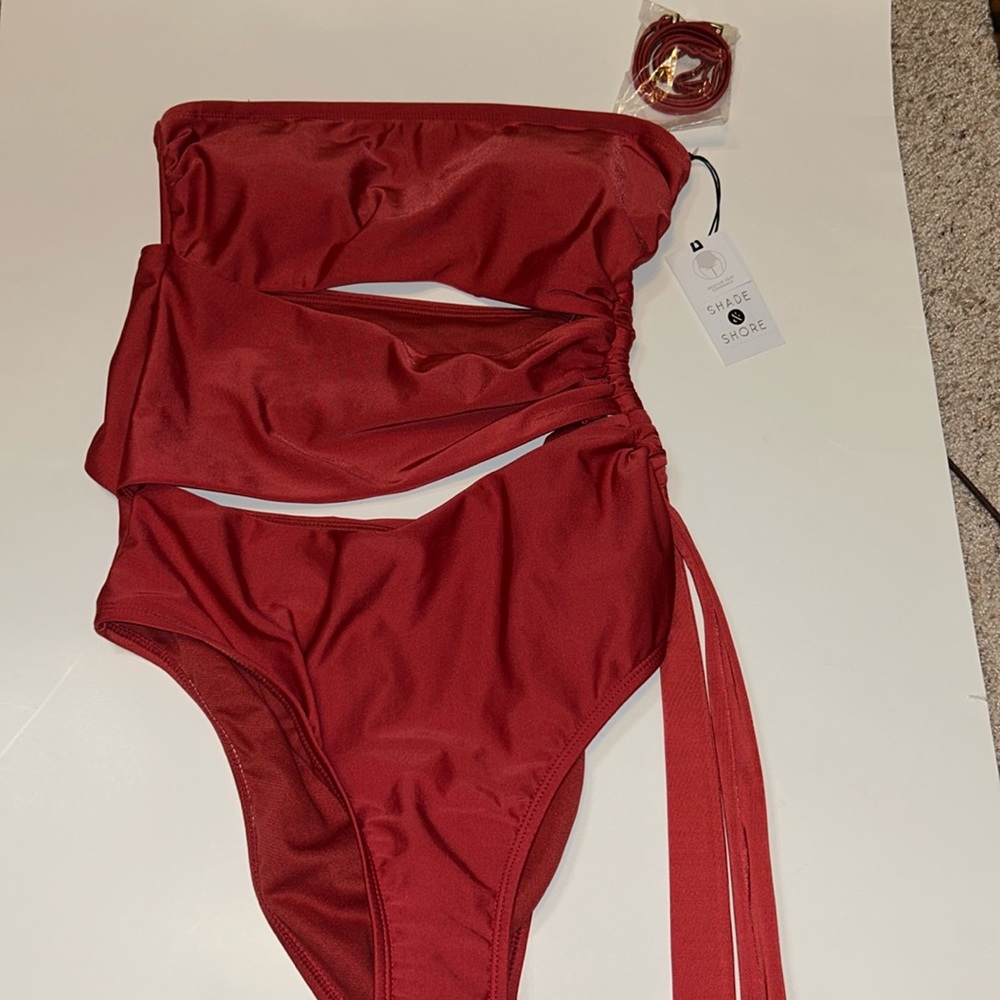 BNWT Women's Bandeau Cut Out One Piece Swimsuit - Shade & Shore Red